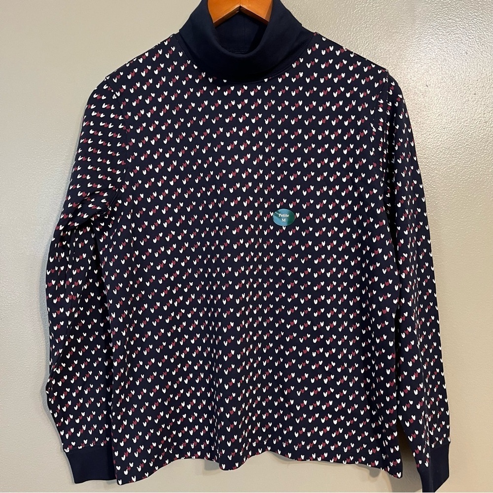 LL Beans Womens Long Sleeves Turtleneck Tee Blue Red Size MP 100% Cotton